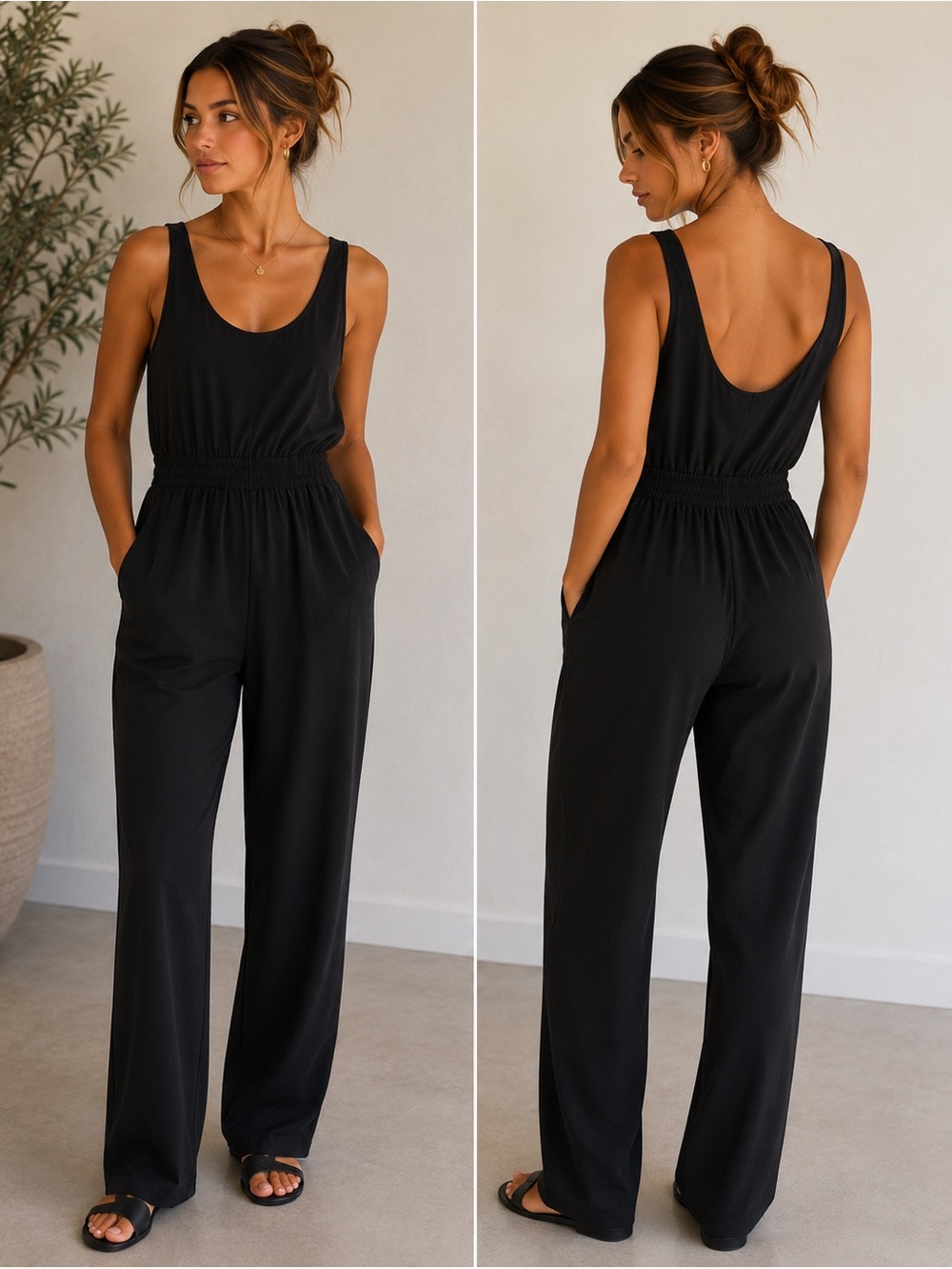 Athleta Black Scoop-Neck Straight-Leg Jumpsuit